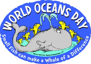 World Oceans Day logo, whale with fish 