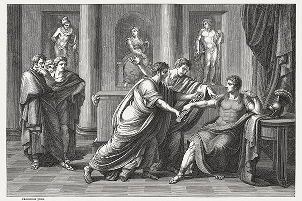 Gnaeus Pompeius Magnus (Pompey, 106 BC - 48 BC) urged by the Senate. Pompey was a military and political leader of the late Roman Republic. Wood engraving after an oil painting (1819) by Vincenzo Camuccini (Italian painter, 1771 - 1844), published in 1878.
