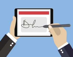 Businessman Hands signing Digital signature on tablet. Vector illustration in flat design for business concept.