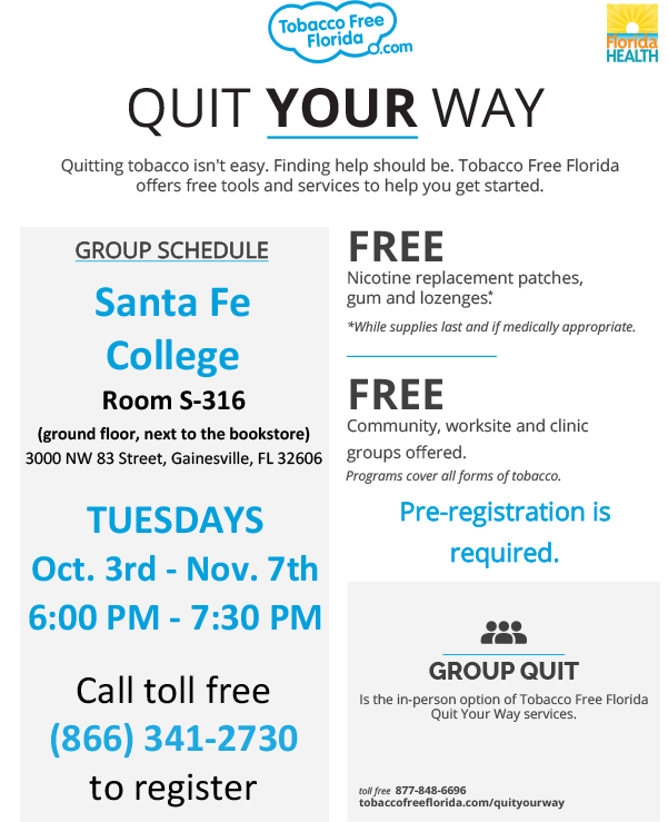 Six-week program to help you break your tobacco addiction - starts October 3 - register by calling 866-341-2730