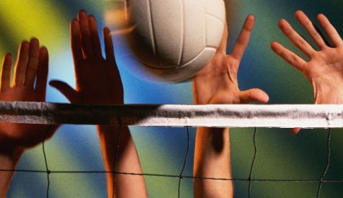 hands hitting a volleyball over a net