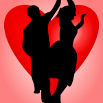 Dancing couple silhouette over a Valentine's heart