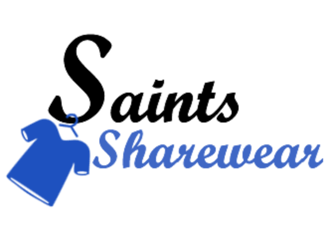 Saints Sharewear Logo - a blue shirt on a hangar, hanging from the letter S in Saints