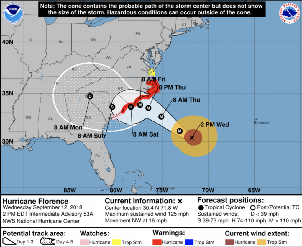 The projected track of Hurricane Florence as of 2 pm Wednesday Sept. 12 