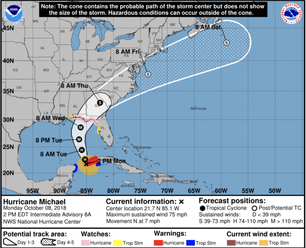 2 p.m. October 8 Updated map for Hurricane Michael
