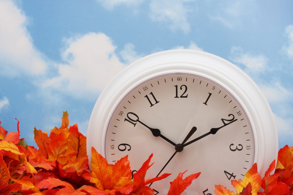 white clock on fall leaves, sky background