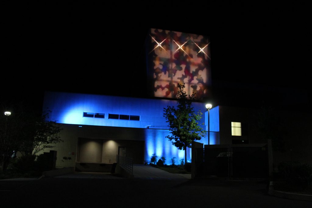 The SF Fine Arts Hall, lit blue in honor of World Autism Awareness Day.