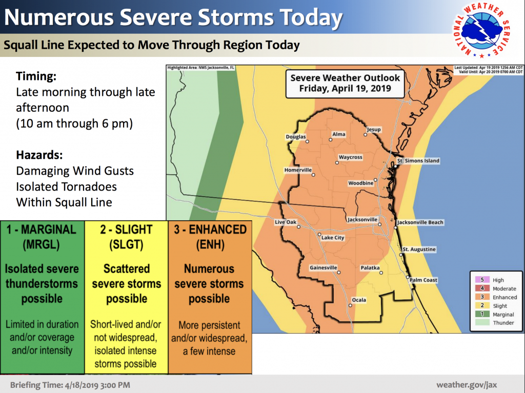 National Weather Service map showing north central Florida with an enhanced risk of severe storms APril 19, 2019.