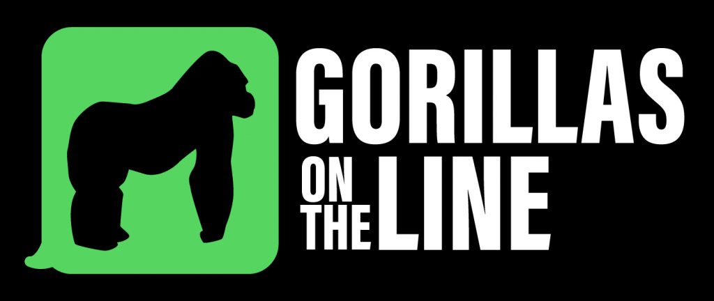 Gorillas on the line logo with outline of a gorilla on a green background. The words "gorillas on the line are in whlte on a black background.