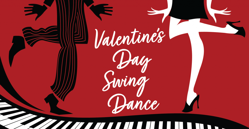 Valentine's Day Swing Dance graphic design of a couple dancing on piano keys.