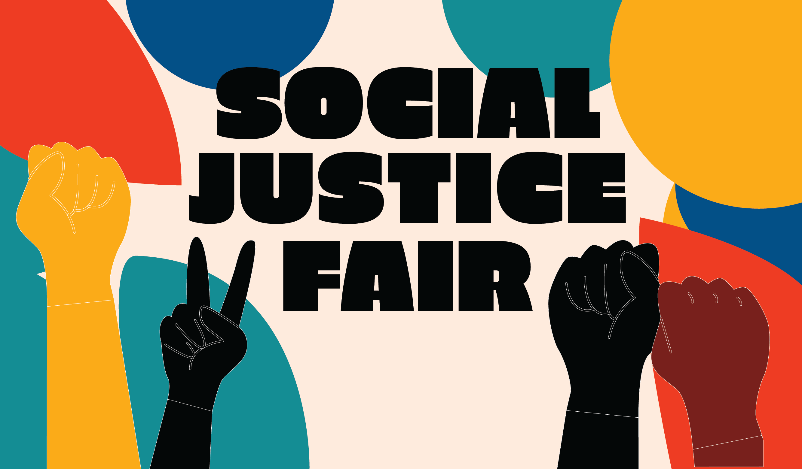 Graphic with hands in fists and peace sign with "social justice fair" text
