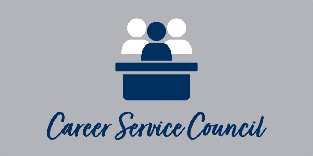 gray background with blue and white logo of 3 figures behind a desk the words "career service counsel" is in blue