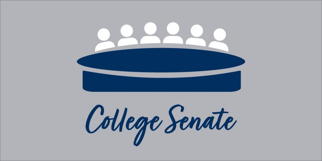 A graphic design featuring 6 individuals at a desk. The words College Senate appear below them in blue.