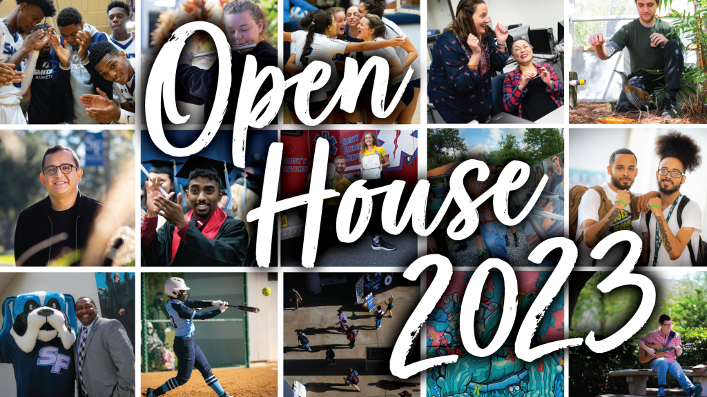 Squares of photos in a collage featuring SF students, text overlay Open House 2023.