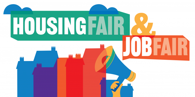 Image with bright colors that reads "Housing Fair & Job Fair" with bright houses