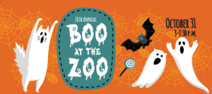 Boo at Zoo graphic with Ghosts, bats and scary cat.