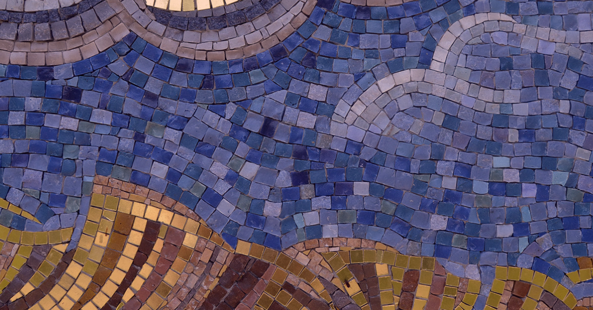 Mosaic comprised of tiles featuring an abstract landscape in dull blue and brown.