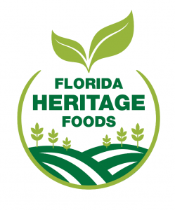 Green logo with a leaf at the top, the in the center it reads "Florida Heritage Foods" under it there are hills and trees