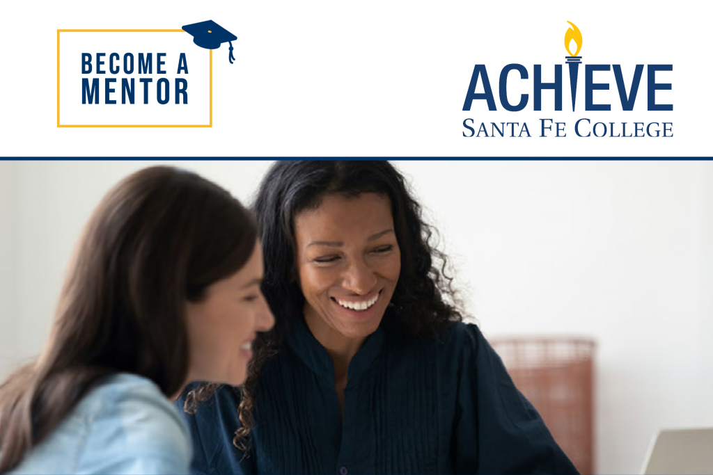 Graphic with Become a Mentor and SF Achieve logo on top, featuring to women laughing in consultation below.