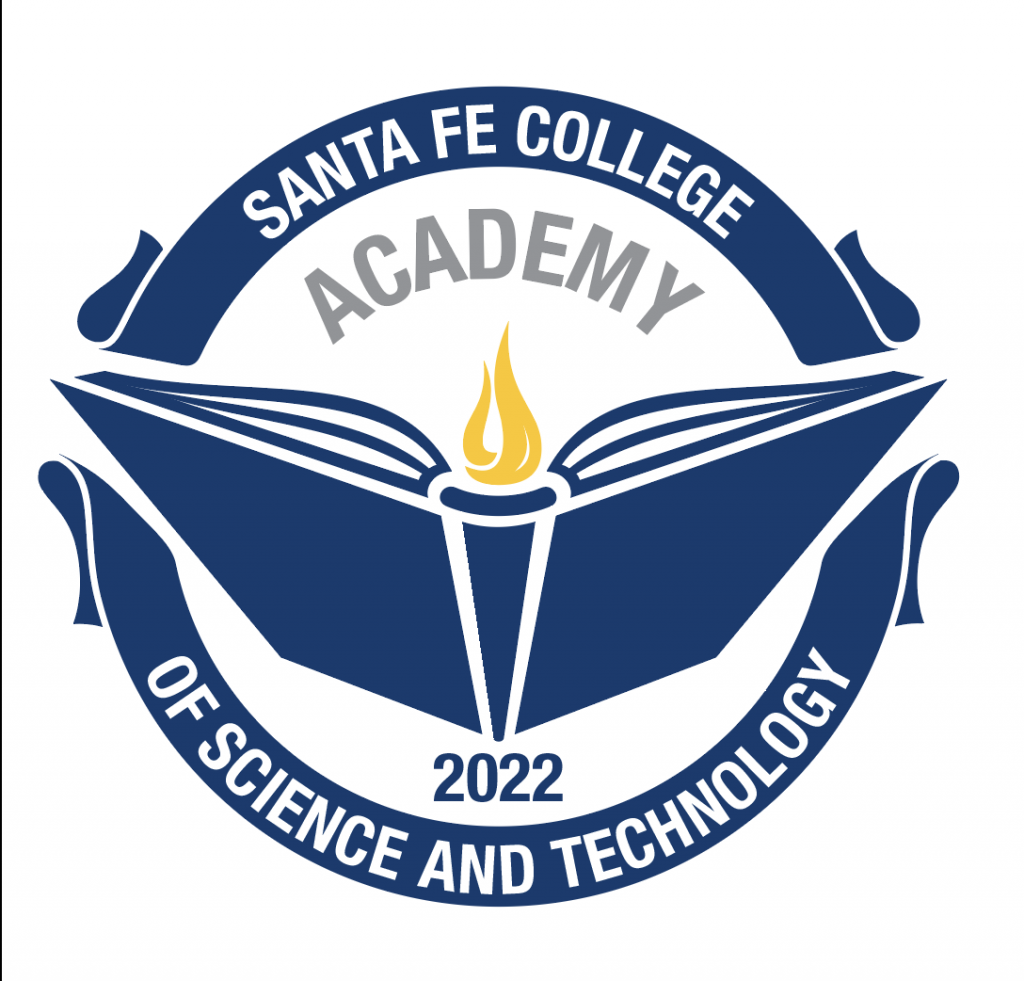 SF Academy Logo featureing a book, torch and the words Santa Fe College Academy of Science and Technology