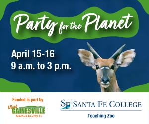 Nyala face. Caption: Party for the Planet April 15-16 9 a.m. to 3 p.m., blue background, green text outline, white font.