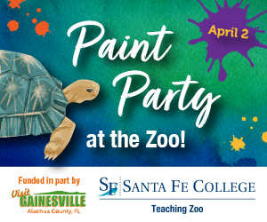 green and blue background with a green turtle with a tan head and arm on the side in the middle it says "Paint Party at the Zoo!" AND "April 2" in a purple paint splash on the bottorm it says 'Funded in part by visit Gainesville" and