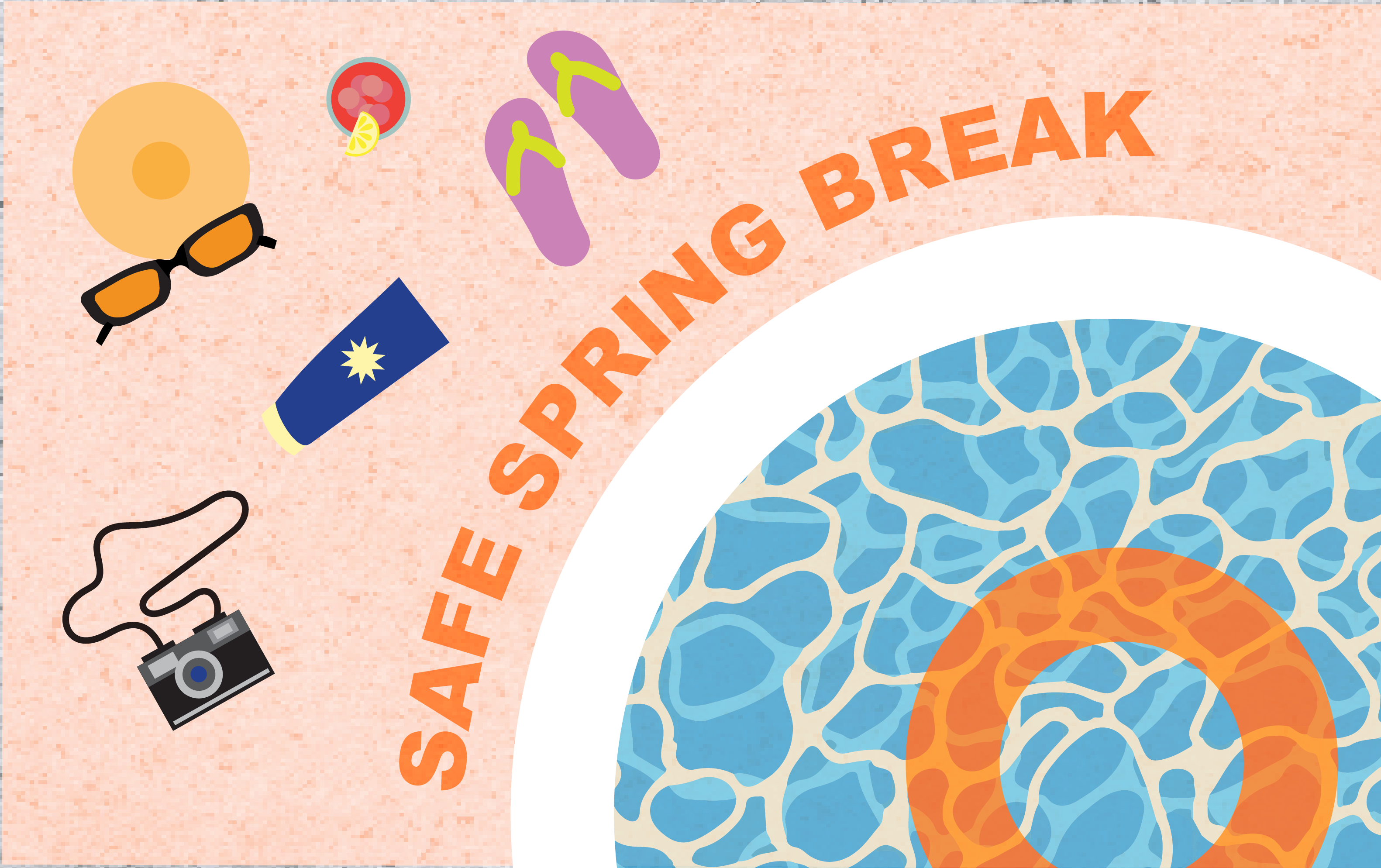 Safe Spring Break pool scene with flipflops and sunscreen