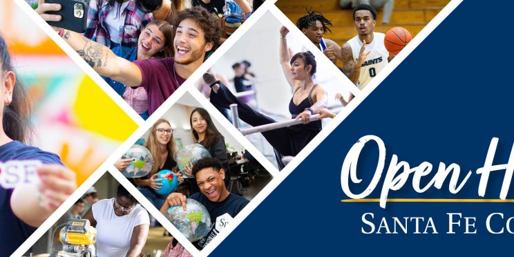 Collage of dynamic moments: 'Open House' and 'Santa Fe College' text overlaying. Features a joyful person presenting an 'I Heart SF' sticker, a cheerful selfie, intense basketball players, a dedicated dancer, three people holding inflatable globes with smiles, and someone skillfully sawing at a workbench.
