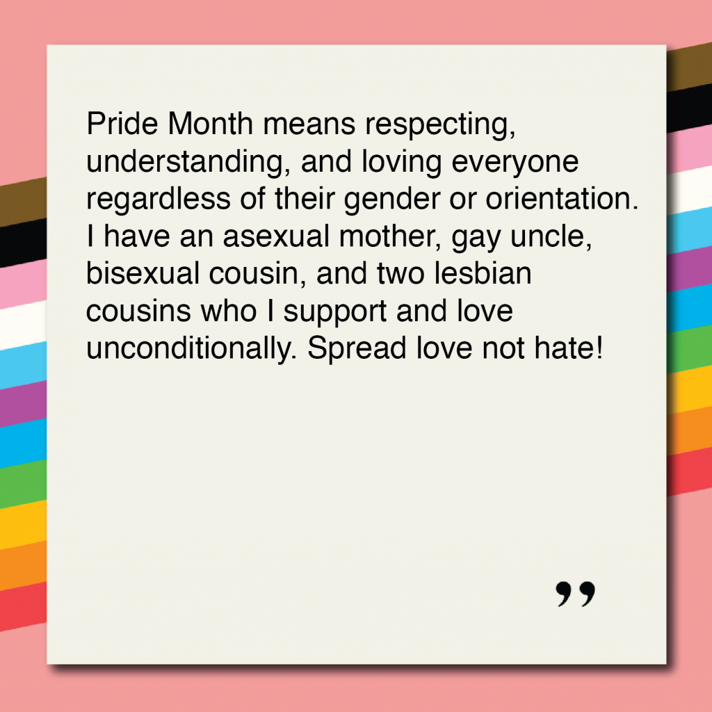 Pride Month means respecting, understanding, and loving everyone regardless of their gender or orientation. I have an asexual mother, gay uncle, bisexual cousin, and two lesbian cousins who I support and love unconditionally. Spread love not hate!