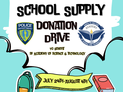 School Supply Donation Drive July 24-August 4. Illustration graphic of backpack, book and banner with academy logo on turquoise background.