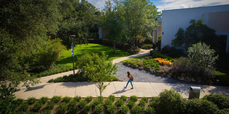 A student walks past Building P on Santa Fe College's Northwest Campus amid trees and foliage.