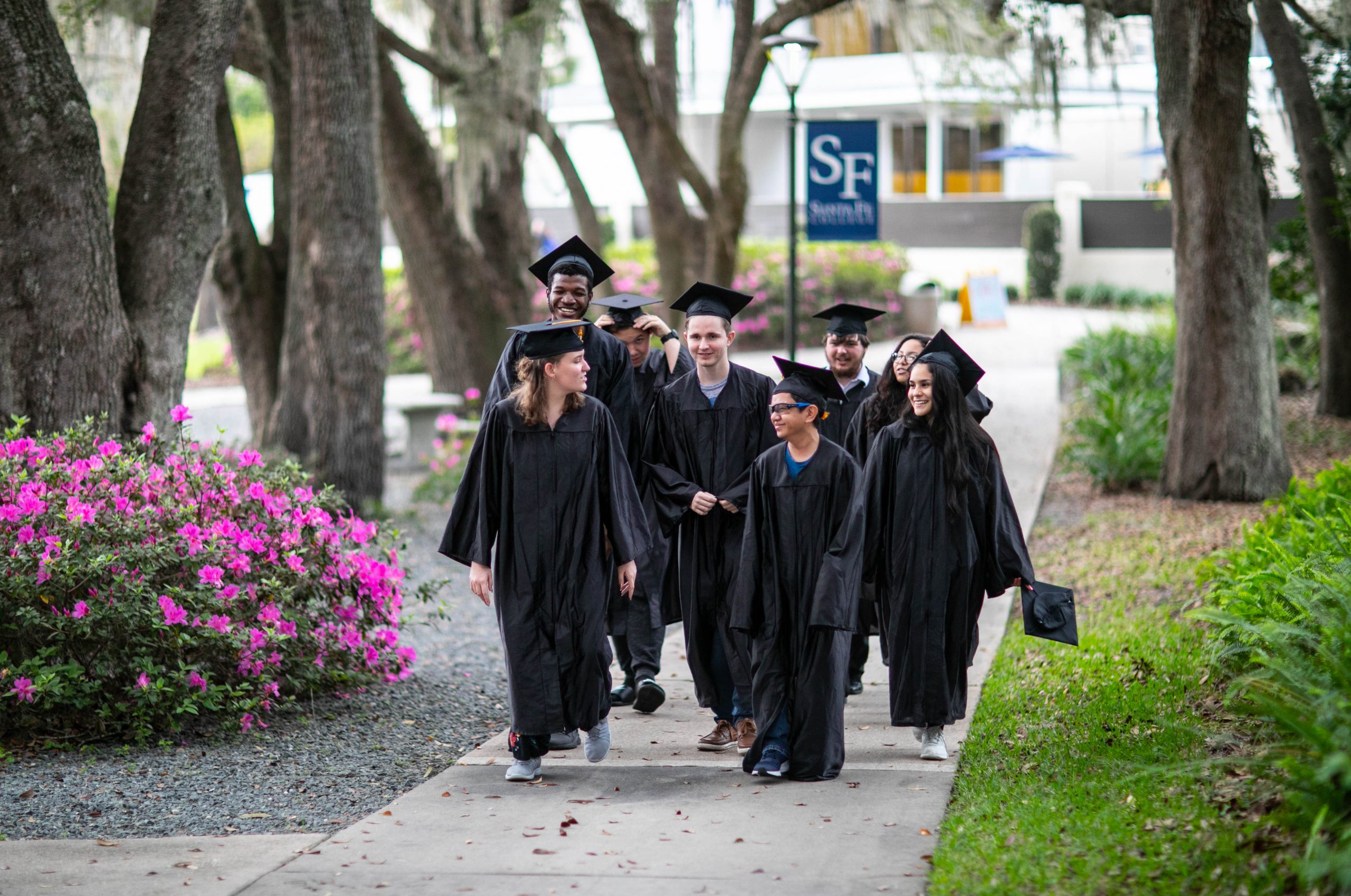 Eight students in Graduation caps and gowns walking through the Santa Fe College Oak Grove.