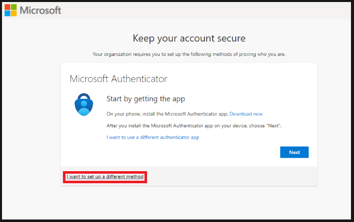 Image of the Microsoft Authenticator message asking students to use the Authenticator App. Students mayalso use a cellphone (call or text) to get access to SF accounts.