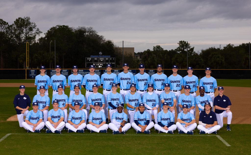 The Santa Fe College Baseball team poses for a photo on the Santa Fe College baseball field.