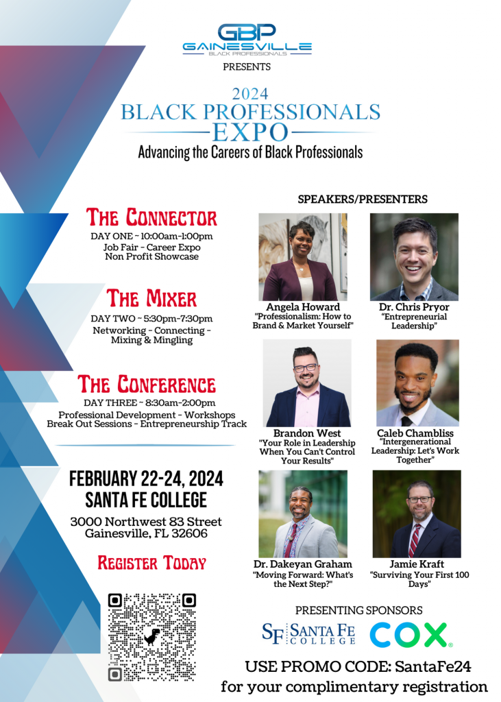 A promotional flyer hyping the 2024 Black Professionals Expo at Santa Fe College's Northwest Campus from Feb. 22 to 24.