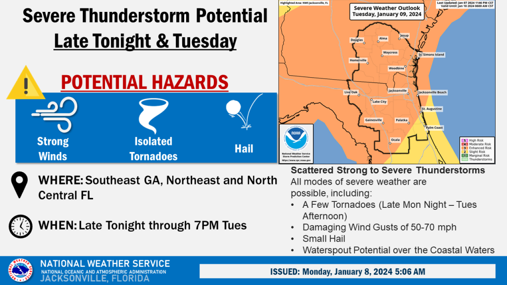 Severe storm information from the National Weather Service - Jacksonville indicating strong winds, isolated tornadoes and hail are possible this evening through Tuesday, Jan. 9, 2024.