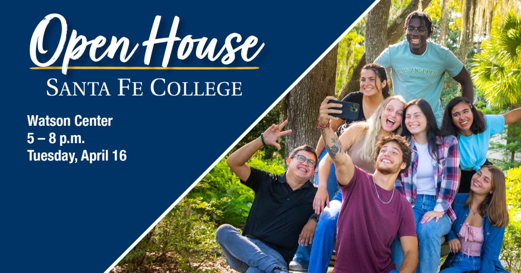 A photo of a group of people taking a selfie is next to textual information about Open House.