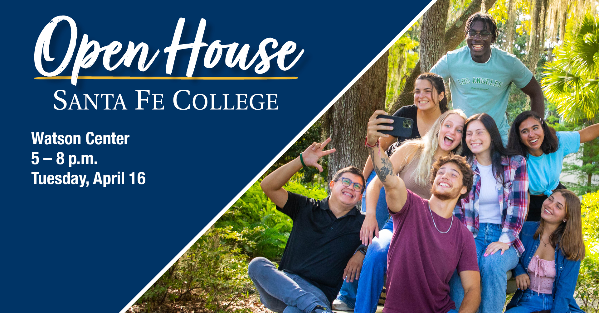 A photo of a group of people taking a selfie is next to textual information about Open House.