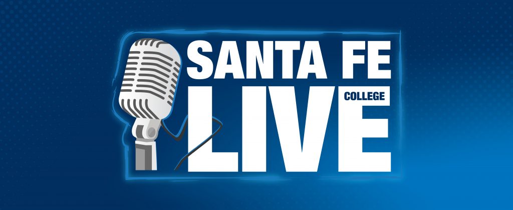 An illustration of a microphone to the left of the words "Santa Fe College Live."